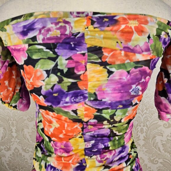 Endless Blu Luxe Size Small Ruched Floral Midi Dress Off the Shoulder Sleeve NWT - Picture 9 of 16